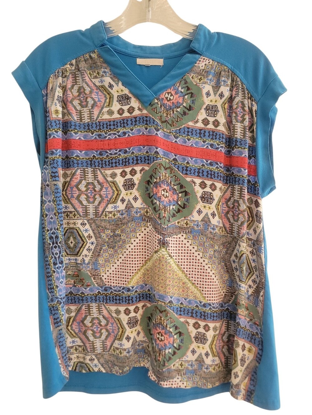 Tulle Womens Geometric Abstract Knit Mixed Media Blouse Blue Size XS Casual Boho